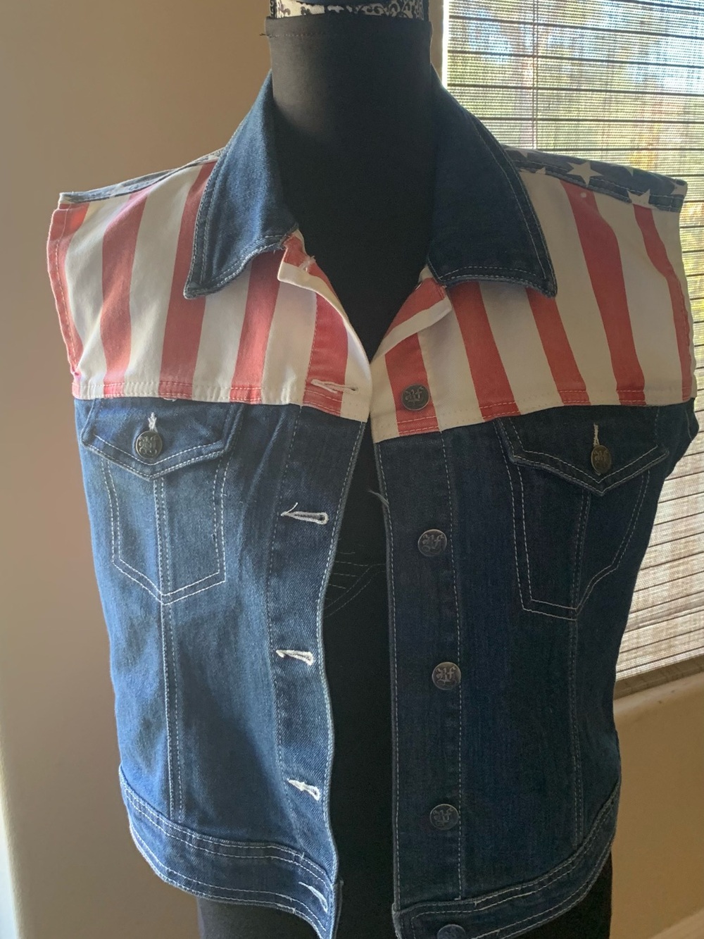Denim American Flag Sleeveless Jacket - Blue & Red